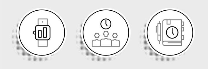 Set line Daily paper notepad, Smartwatch and Time Management icon. Vector