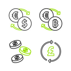 Set line Coin money with pound, dollar, Cryptocurrency exchange and Money icon. Vector