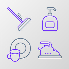 Set line Electric iron, Washing dishes, Bottle of liquid soap and Mop icon. Vector