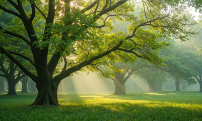 Fototapeta premium Summer park with lush trees, golden sunrise shining through branches, misty morning, scenic nature view, peaceful walking trails, green open space, calm outdoor setting