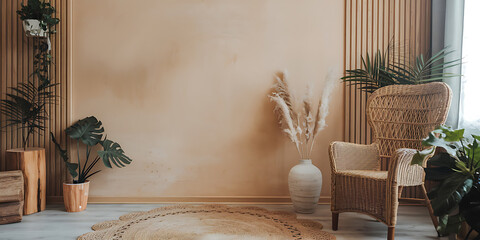 Bohemian-style living room corner with wicker chair pampas grass and lush greenery