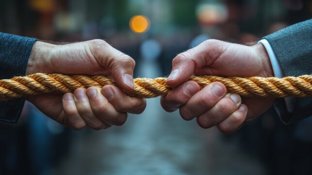 Two hands in business suits pulling on a rope, symbolize conflict, business problems, teamwork problem