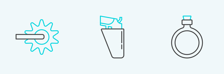 Set line Canteen water bottle, Spur and Revolver gun in holster icon. Vector