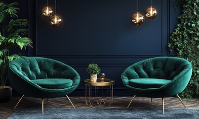 Green Lounge Chairs with Golden Side Table in Minimalist Interior Design against Navy Blue Wall
