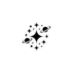 Black and White Space Icon with Stars and Planets