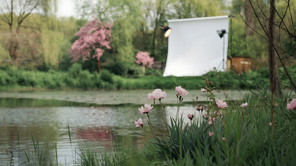 Pink flowers by a pond perfect for a spring-themed ad