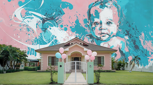Pastel-toned house baby portrait mural celebration vibes