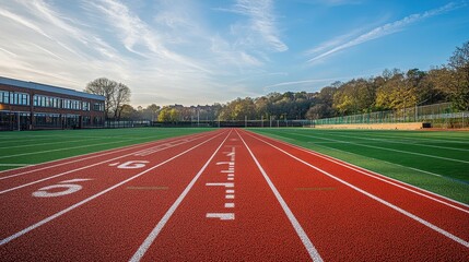 Fototapeta premium Empty red running track on clear day with trees and buildings in background