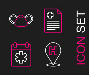 Fototapeta premium Set line Location hospital, Doctor appointment, Patient record and Medical protective mask icon. Vector