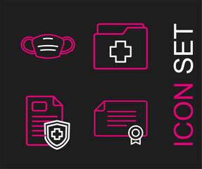 Set line Certificate template, Patient record, and Medical protective mask icon. Vector
