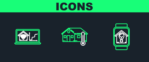 Set line Smart watch with smart house and light bulb, Laptop home wi-fi and House temperature icon. Vector