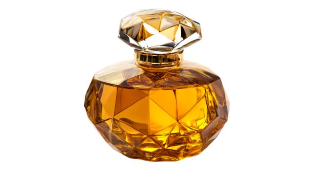 A faceted golden perfume bottle with a geometric cap against a black background in a studio shot