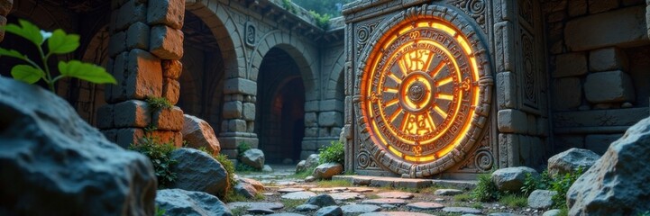 Ancient ruin with silver patina, glowing runes and symbols, mysticism, gradient effect