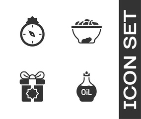 Set Essential oil bottle, Qibla, Gift box and Date fruit in bowl icon. Vector