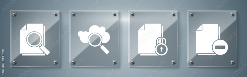 Poster set document with minus, document and lock, search cloud computing and document with search. square 