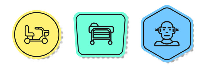 Set line Electric wheelchair, Stretcher and Deaf. Colored shapes. Vector