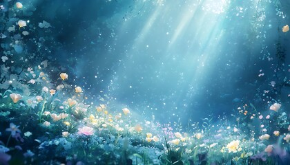 Underwater floral meadow, sunlight beams