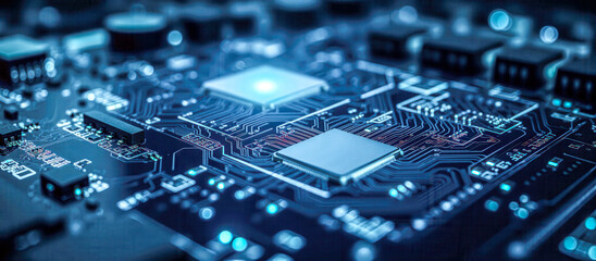 Advanced microchip on blue digital circuit, featuring intricate electronic components, modern technology, precision engineering, innovation, futuristic tech design