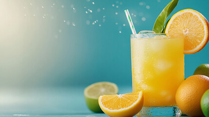 Refreshing orange drink with ice, garnished with slice of orange and green leaf, surrounded by fresh citrus fruits. vibrant colors evoke cheerful summer vibe