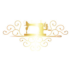 Gold sewing machine and pattern. Sign frame for sewing design