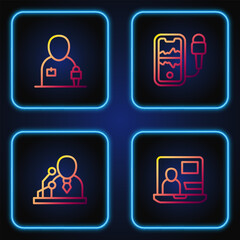 Set line World news, Breaking, Journalist and Mobile recording. Gradient color icons. Vector