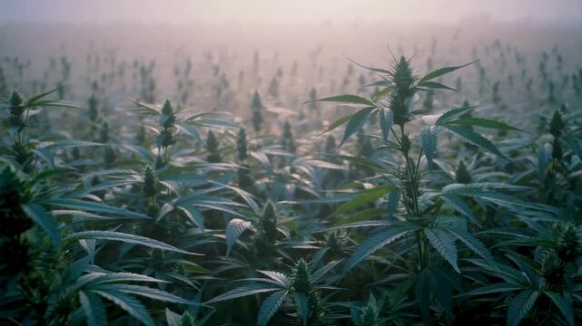 Foggy dawn light filters through rows of industrial hemp in sustainable agricultural field. Organic farming of medicinal plants showing green farming practices for natural health remedies