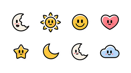 Cute cartoon icons of sun, moon, stars, clouds, and faces.
