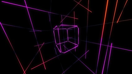 Glowing cube rotating inside laser grid in dark digital environment