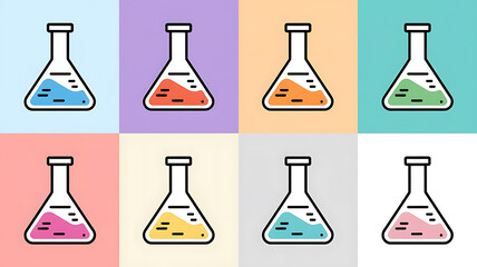 Colorful science flask icons on pastel backgrounds Laboratory glassware graphic design