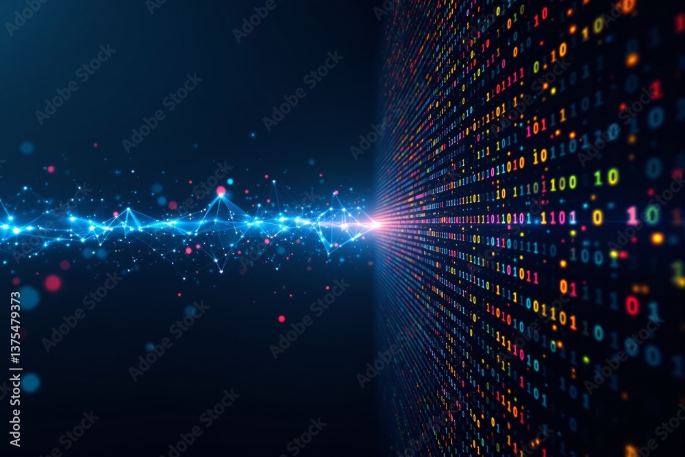 Aufkleber Abstract data flow with binary code and digital network connections.