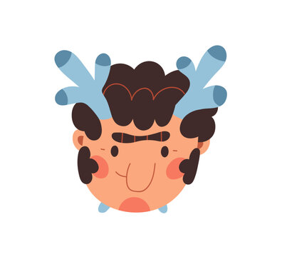 Pan, faun character, comic face avatar. Horned myth satyr, devil, caricature demon, faunus. Funny quirky mythology monster with unibrow. Flat vector illustration isolated on white background