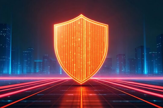 A fiery digital shield protecting a futuristic cityscape at night, glowing with vibrant neon energy and coded strength.