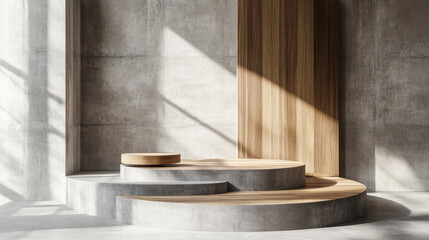 modern podium made of wood and concrete creates striking visual in this minimalist space. interplay of materials and light enhances aesthetic appeal of design