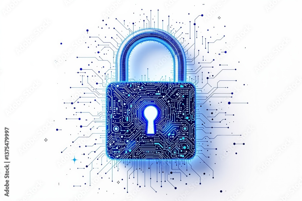 Poster futuristic digital padlock with circuit design on white background.