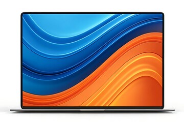 Fototapeta premium Dynamic curves of vibrant blue and orange flow across a sleek laptop screen, showcasing modern design and energy.