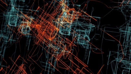 Abstract futuristic orange and blue lines creating a complex network on a black background