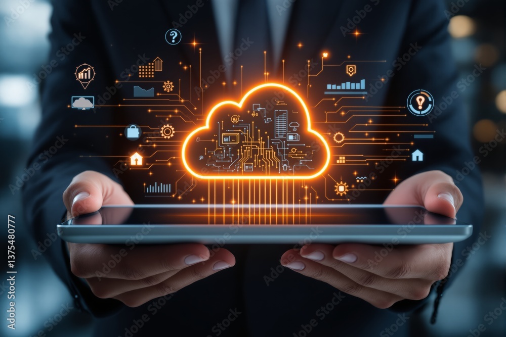 Poster Cloud computing technology concept with digital data and network connections above tablet in businessman’s hands.
