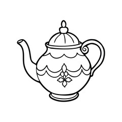 Line art drawing of an ornate teapot with a curved spout and a detailed floral design vector illustration.eps