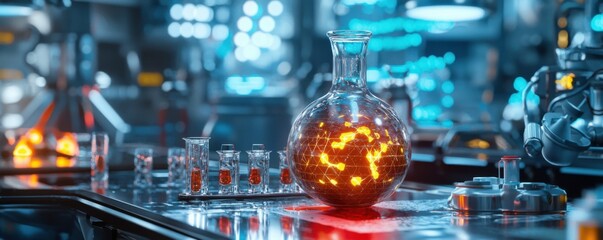 A futuristic laboratory scene featuring glowing flasks and high-tech equipment, highlighting a vibrant, scientific atmosphere.