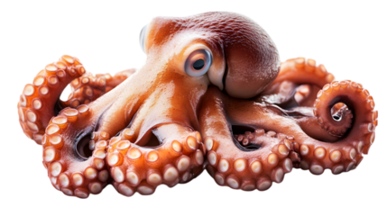 A close up shot of a reddish orange octopus with visible suckers and a black background isolated octopus