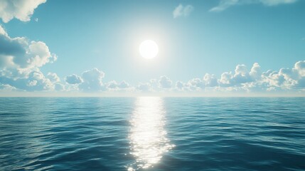 Obraz premium Serene ocean sunset with clear blue sky and fluffy clouds over calm sea horizon