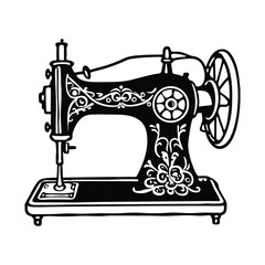 A black and white art drawing of an antique sewing machine with a hand crank vector illustration.eps