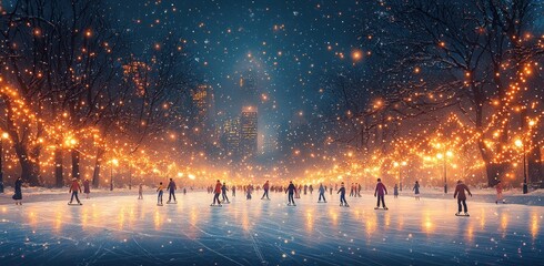 Fototapeta premium Ice Skating Fun on a Winter Evening at the Rink with People and Snowy Trees