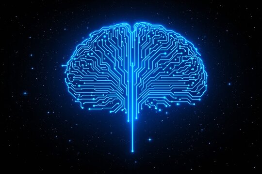Futuristic glowing circuit board brain on starry background.