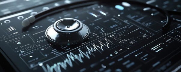 A close-up of a sleek, modern interface featuring a stethoscope and waveform displays, indicative of advanced healthcare technology.