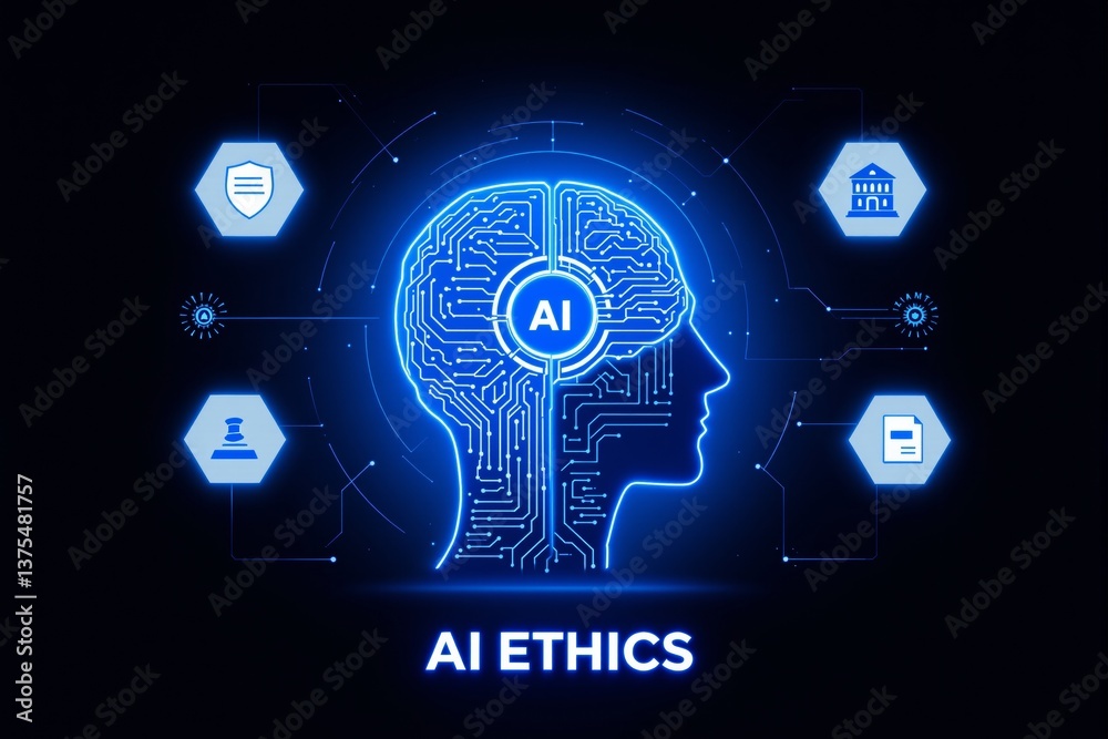 Poster ai ethics digital concept with glowing human head outline and circuit brain.