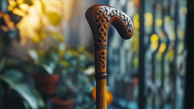 Wooden cane for seniors who need to lean on him to walk on blurred background