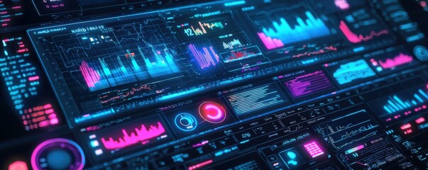 A vibrant digital dashboard displaying colorful graphs, data visualizations, and metrics, showcasing advanced technology and analytics.