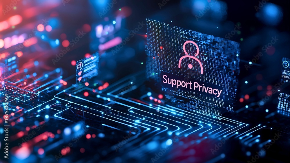 Poster data privacy and protection concept: a modern computer circuit board with a data privacy icon repres