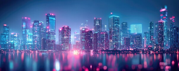 Obraz premium Motion blur city in a digital future with technology panorama concept. Vibrant city skyline with illuminated buildings at night.